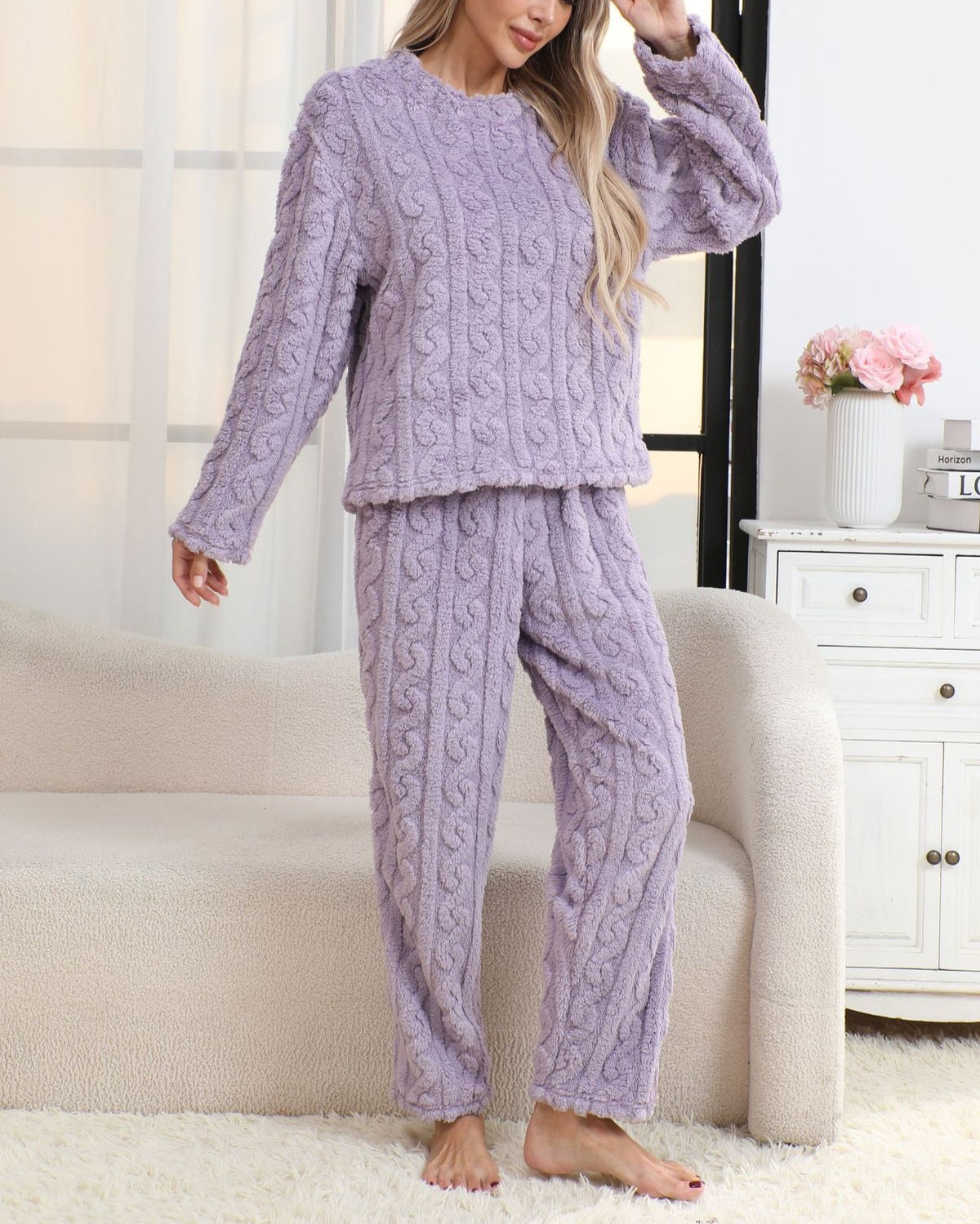 Cable Knit Fleece Pajama Lounge Set - Purple