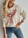 Lobster Motif Blanket Stitch Crewneck Sweater - Apricot