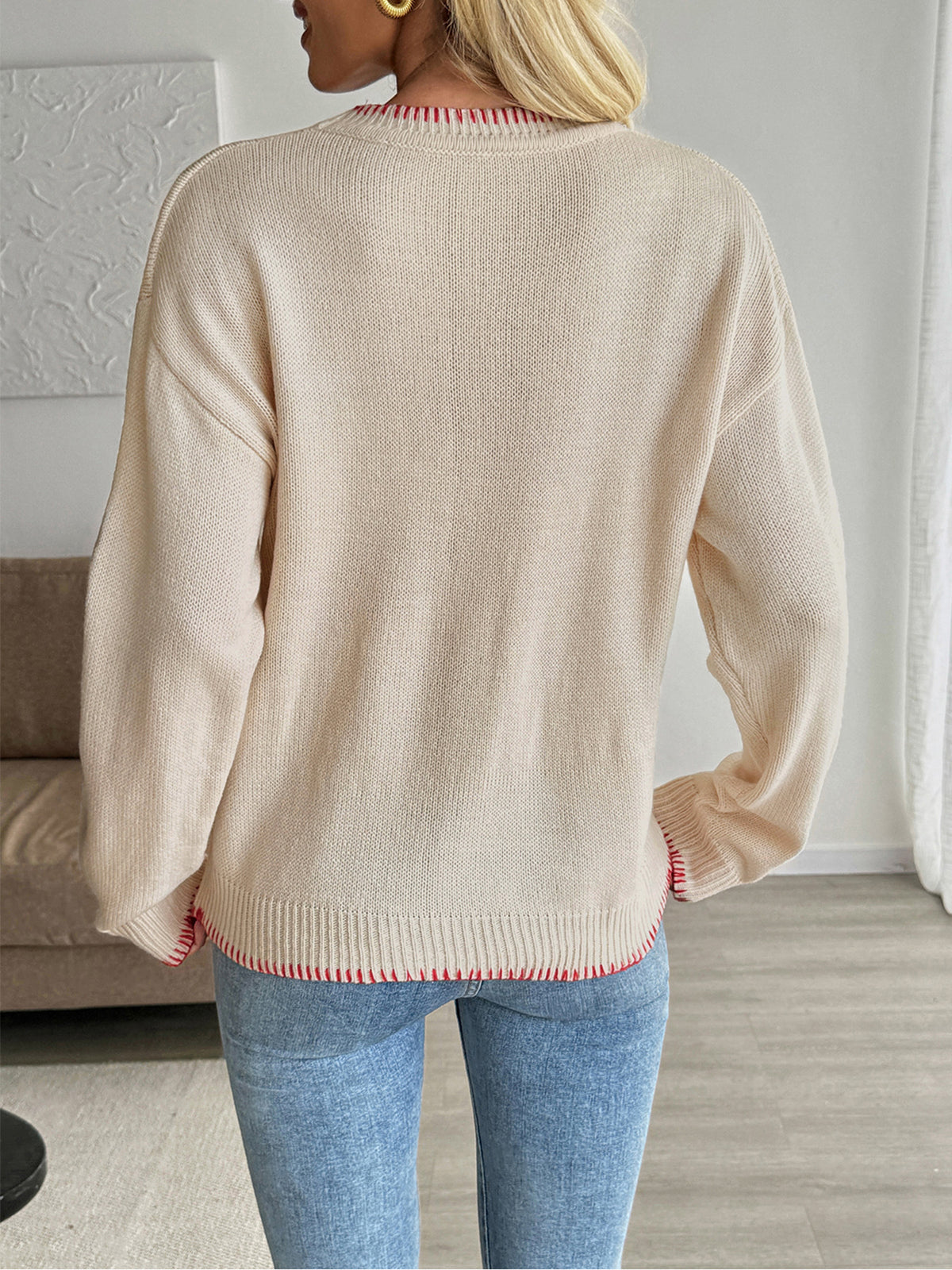Lobster Motif Blanket Stitch Crewneck Sweater - Apricot - 7