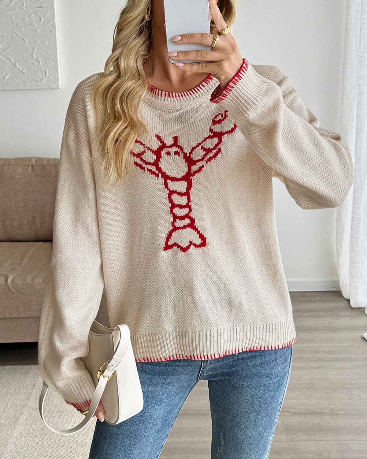 Lobster Motif Blanket Stitch Crewneck Sweater - Apricot - 8