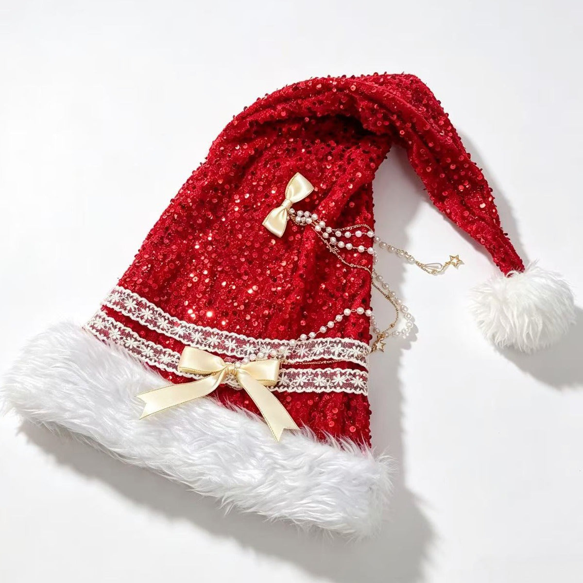 Coquette Sequin Santa Beanie with Pearl Chain and Bows - Red - 1