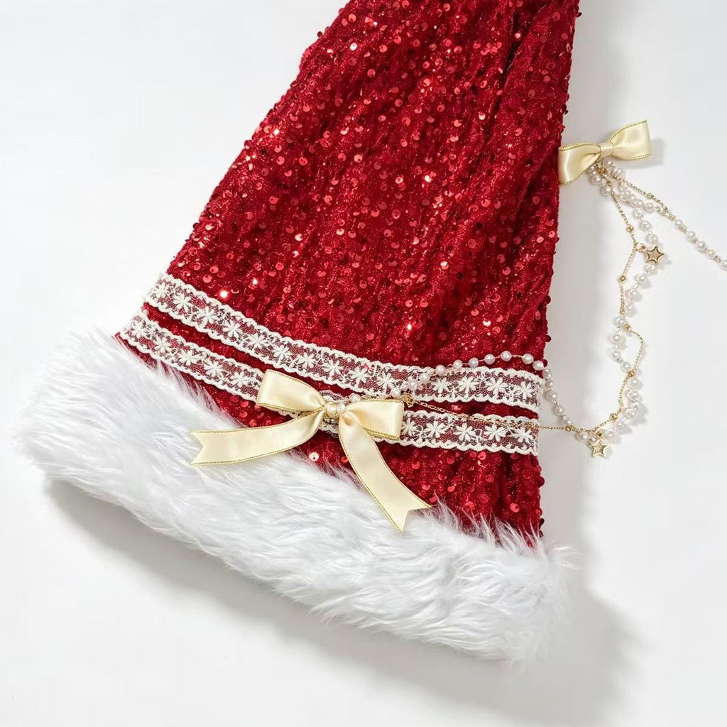 Coquette Sequin Santa Beanie with Pearl Chain and Bows - Red - 2