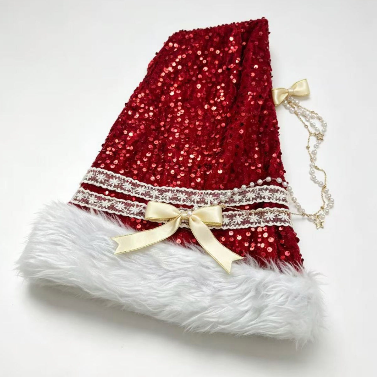 Coquette Sequin Santa Beanie with Pearl Chain and Bows - Red - 3