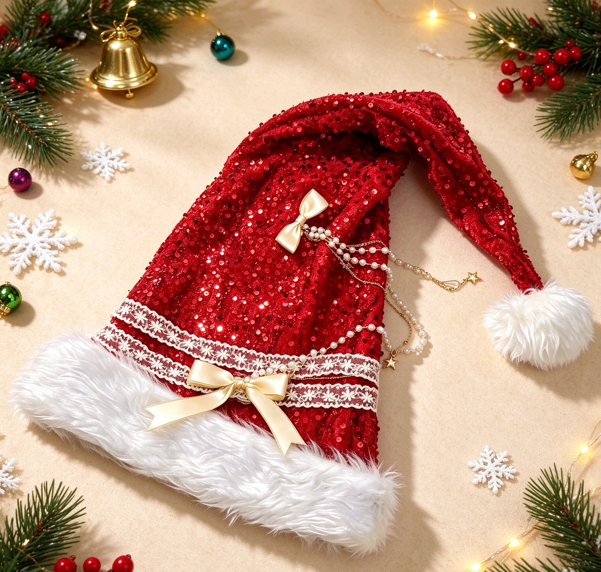 Coquette Sequin Santa Beanie with Pearl Chain and Bows - Red - 4