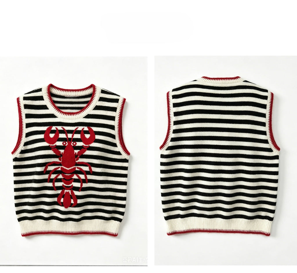 Sleeveless Knit Vest With Lobster Motif - Black
