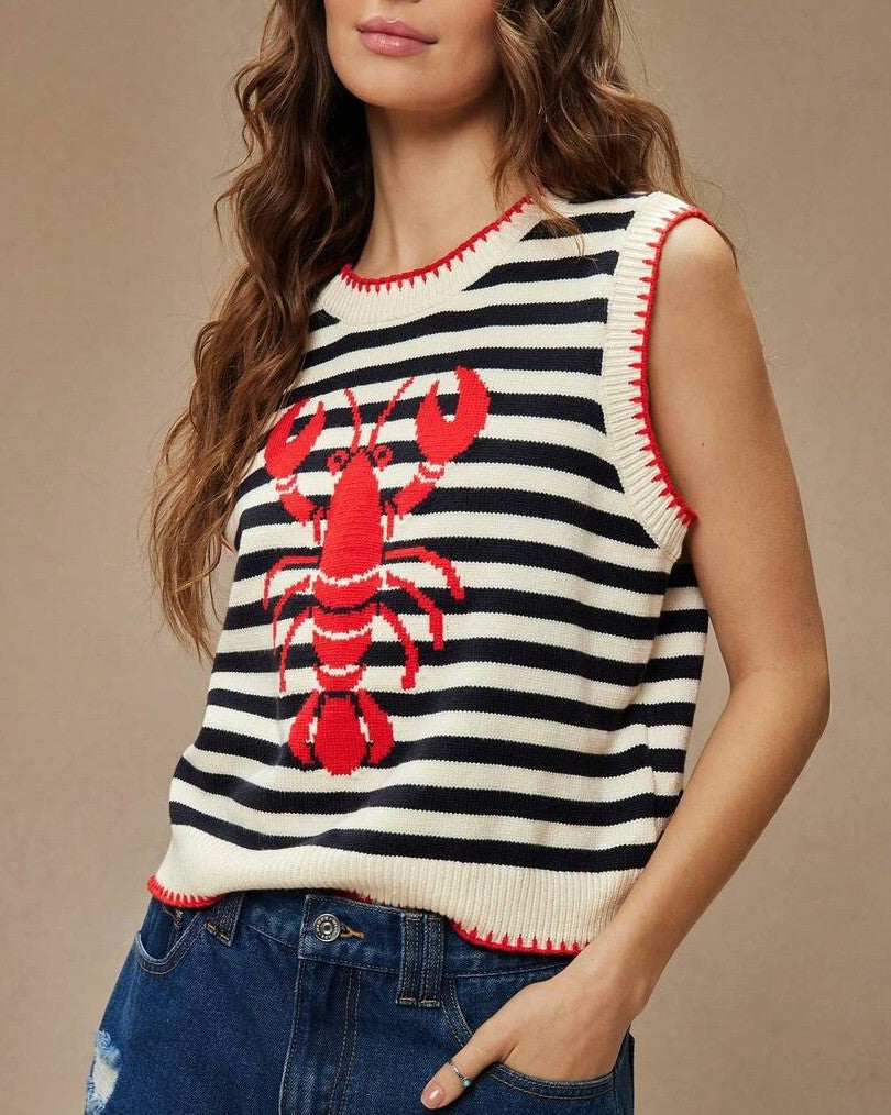Sleeveless Knit Vest With Lobster Motif - Black - 1