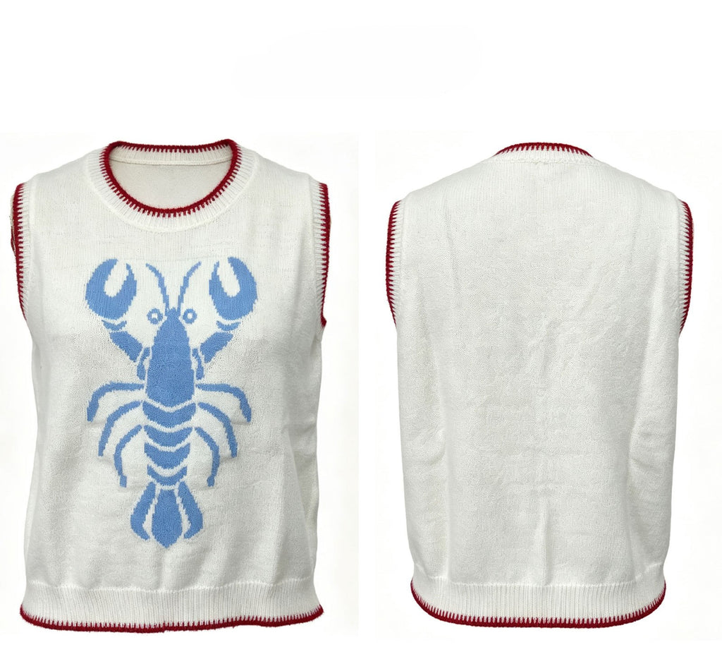 Sleeveless Knit Vest With Lobster Motif - Blue