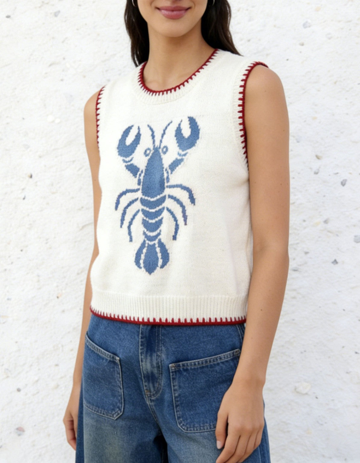Sleeveless Knit Vest With Lobster Motif - Blue - 1
