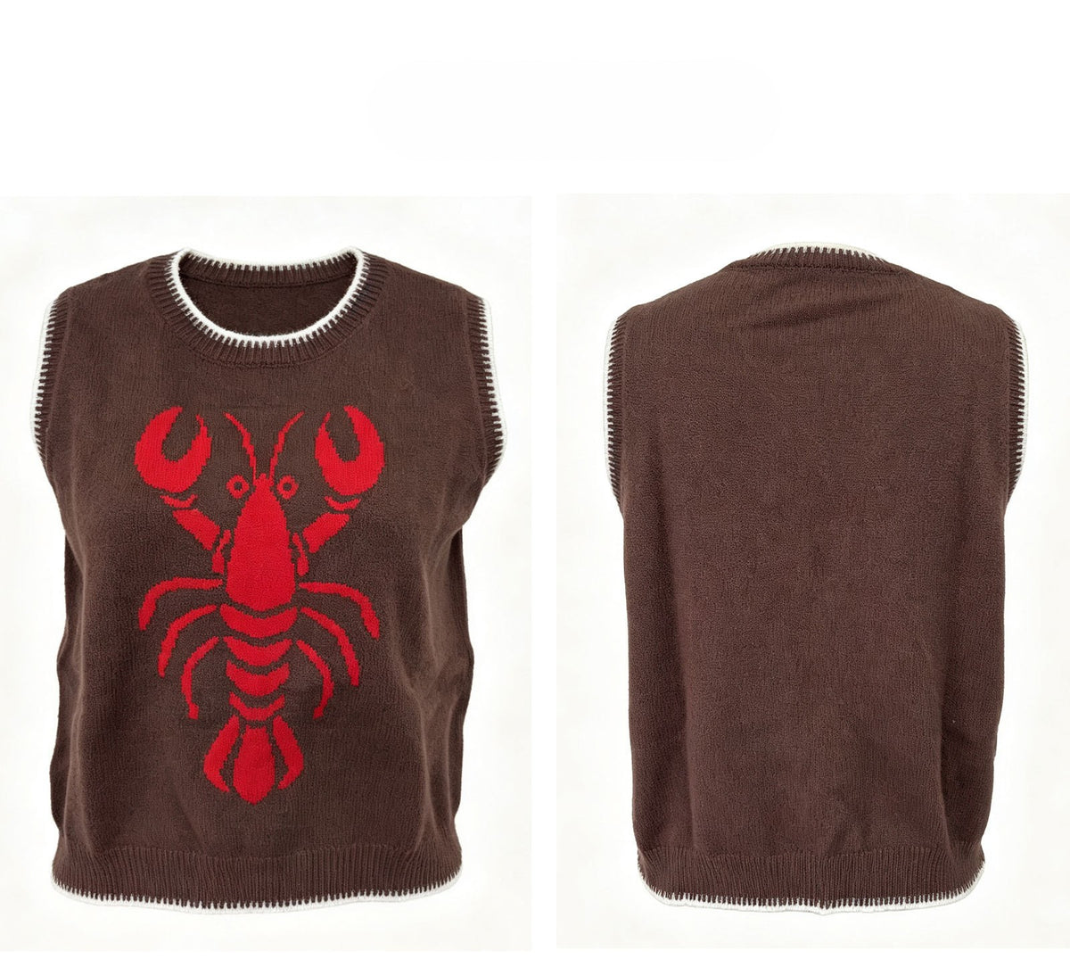 Sleeveless Knit Vest With Lobster Motif - Brown
