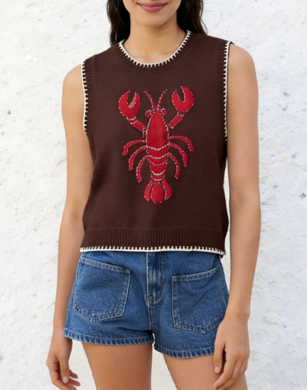 Sleeveless Knit Vest With Lobster Motif - Brown - 1