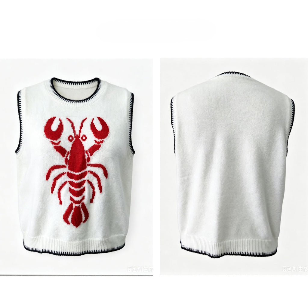 Sleeveless Knit Vest With Lobster Motif - White - 1