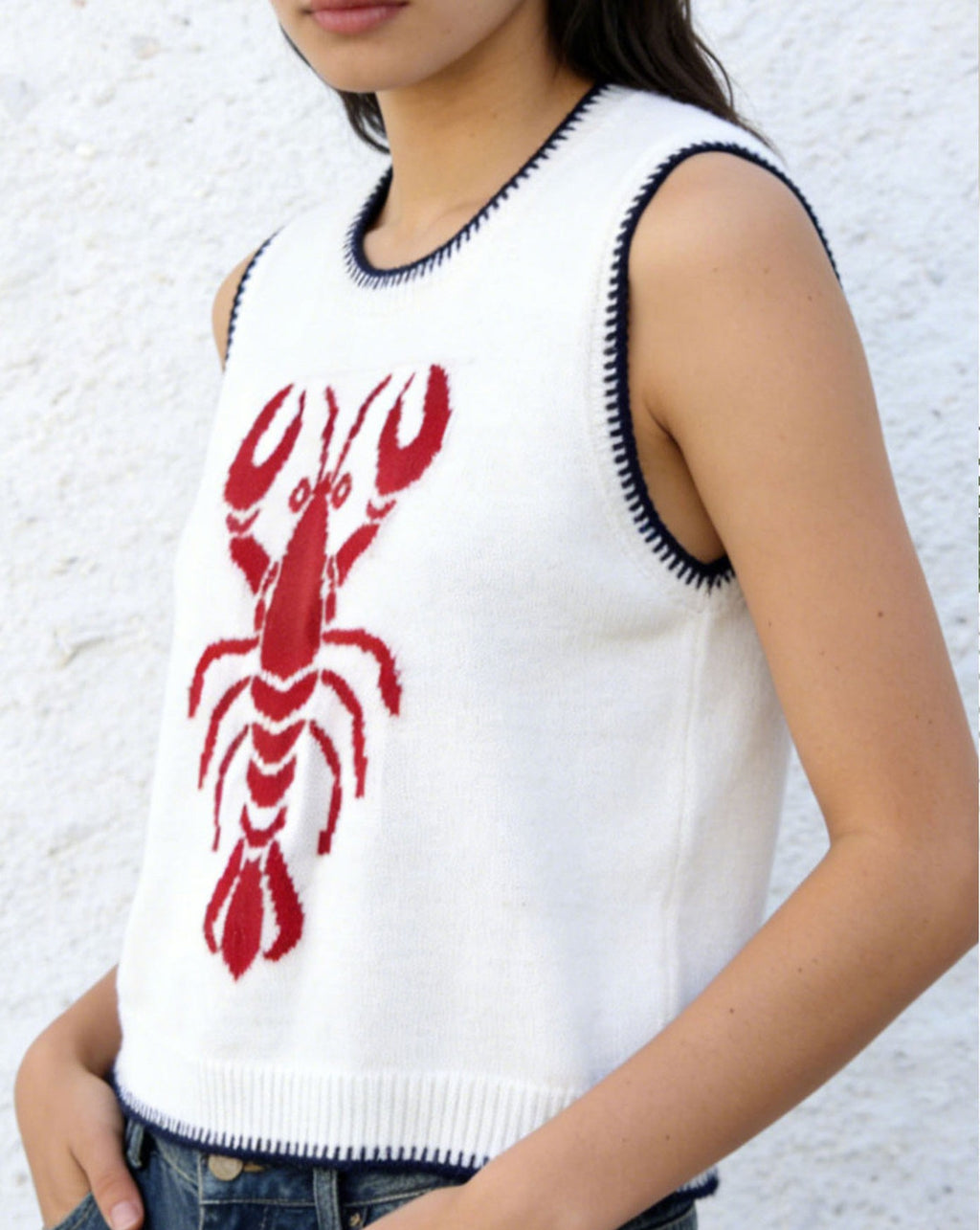 Sleeveless Knit Vest With Lobster Motif - White - 2
