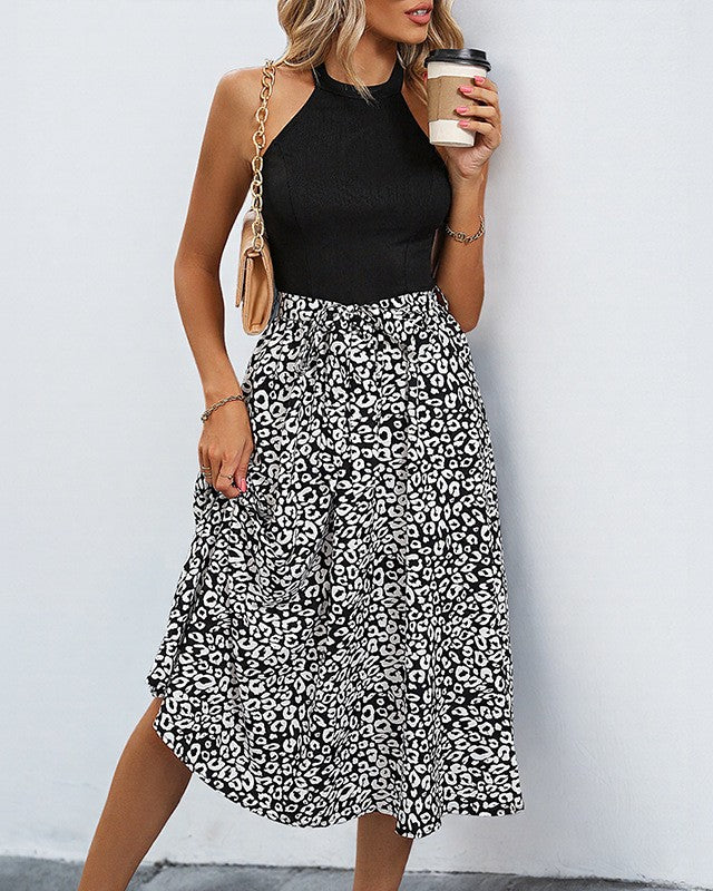 Sleeveless Contrast Bodice Spot Print Midi Dress - Black