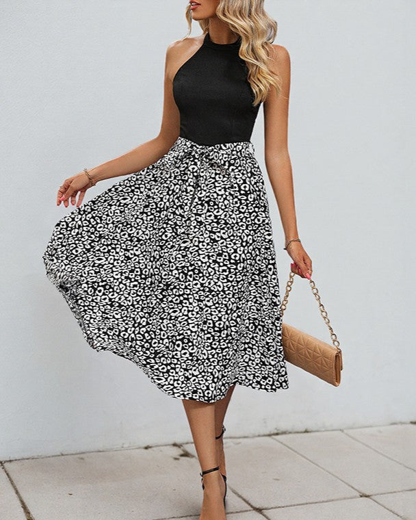 Sleeveless Contrast Bodice Spot Print Midi Dress - Black - 1