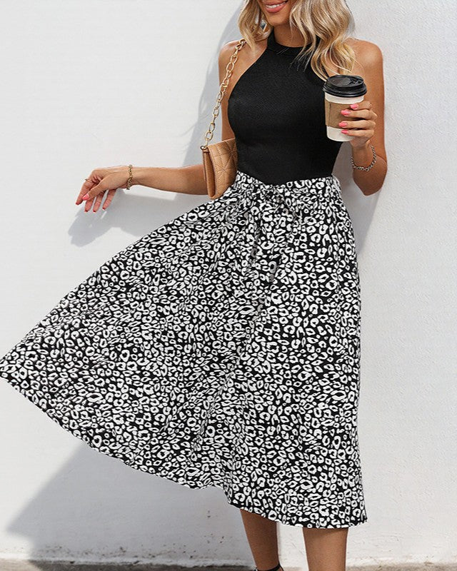 Sleeveless Contrast Bodice Spot Print Midi Dress - Black - 3