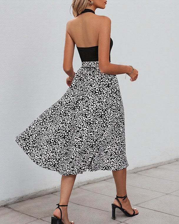 Sleeveless Contrast Bodice Spot Print Midi Dress - Black - 4