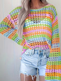 Rainbow Stripe Crochet Beach Cover Up - Green