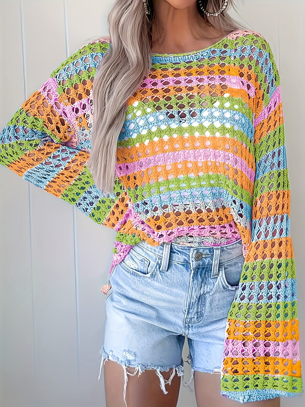 Rainbow Stripe Crochet Beach Cover Up