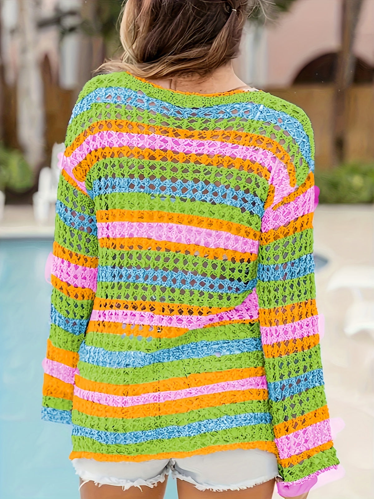 Rainbow Stripe Crochet Beach Cover Up - view 1