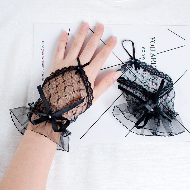 Fishnet Bow Cuff Fingerless Gloves - Black - 1