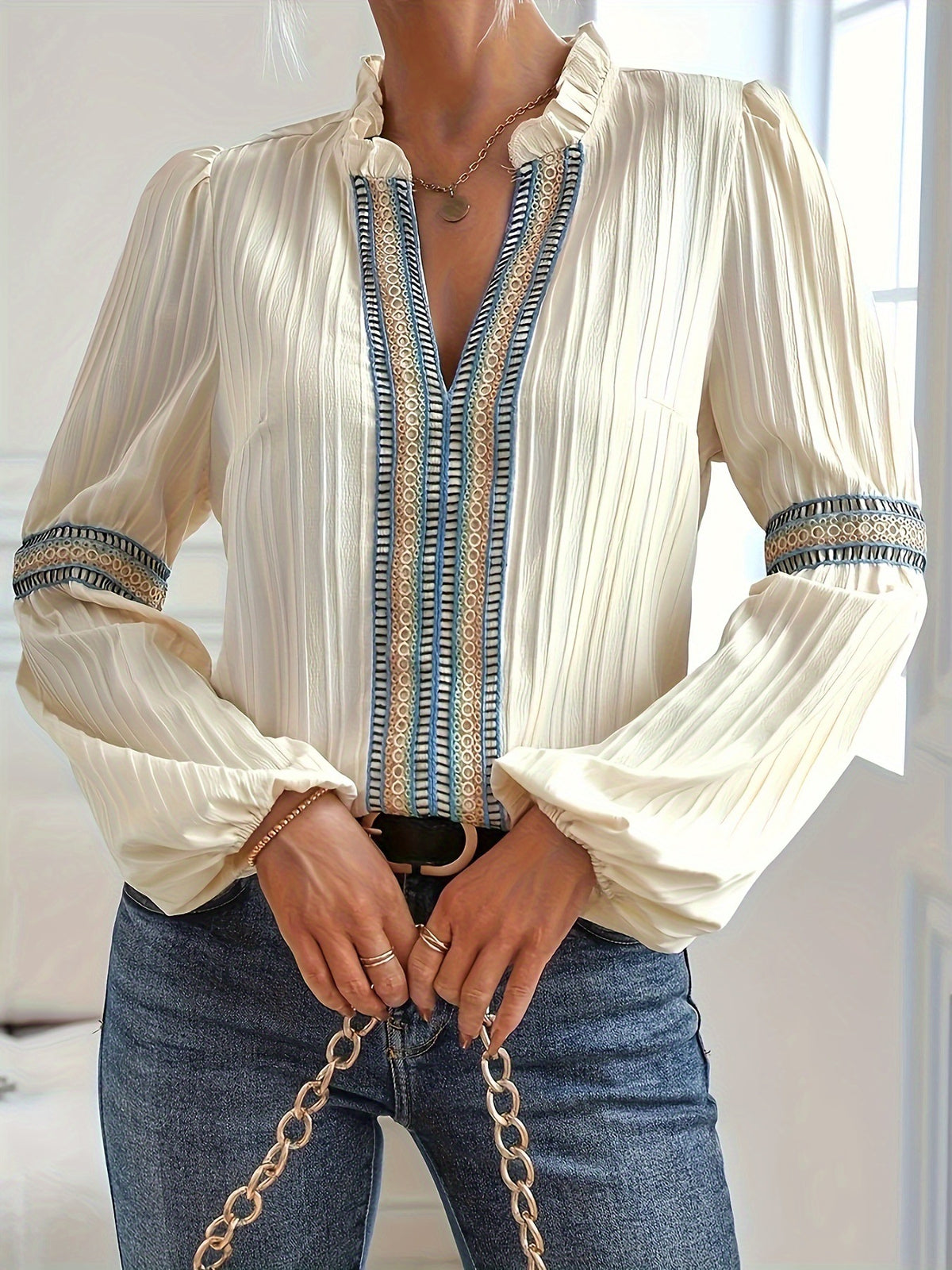 Plisse Balloon Sleeve Ruffle Neck Blouse - OffWhite