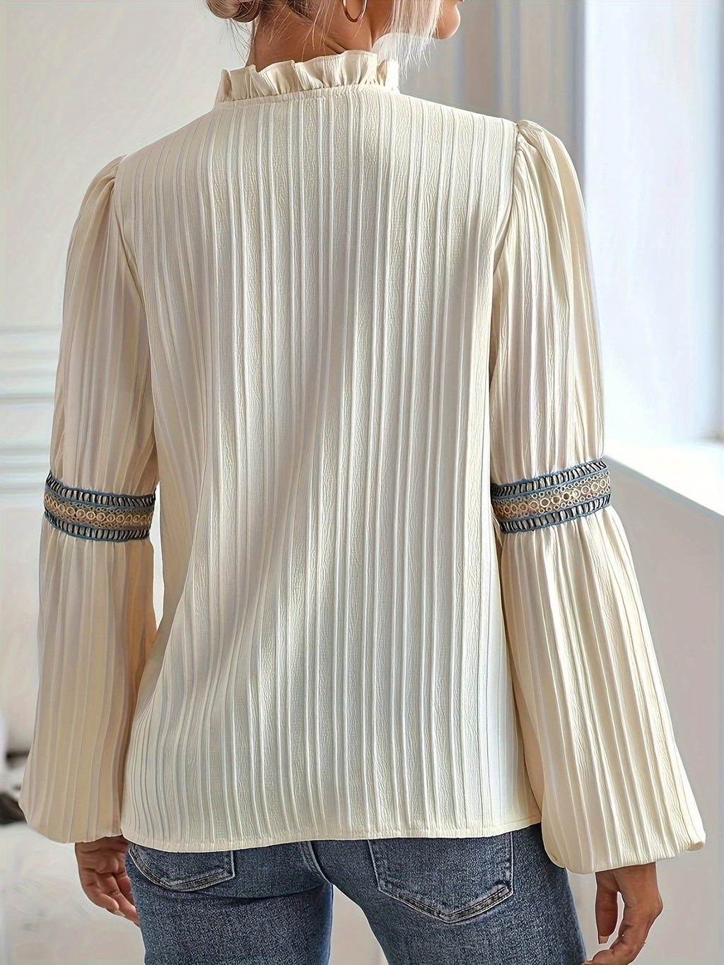 Plisse Balloon Sleeve Ruffle Neck Blouse - OffWhite - 1