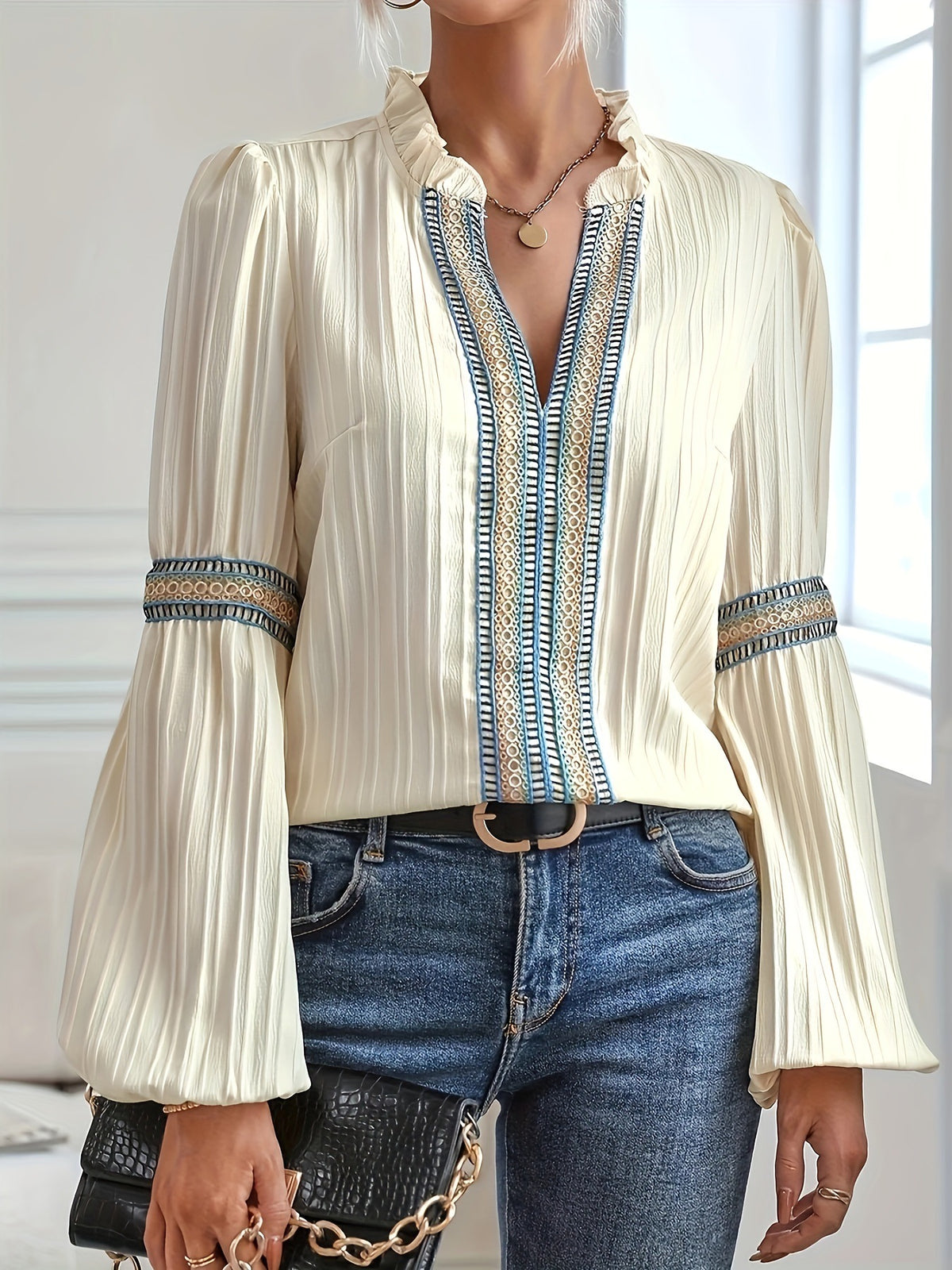 Plisse Balloon Sleeve Ruffle Neck Blouse