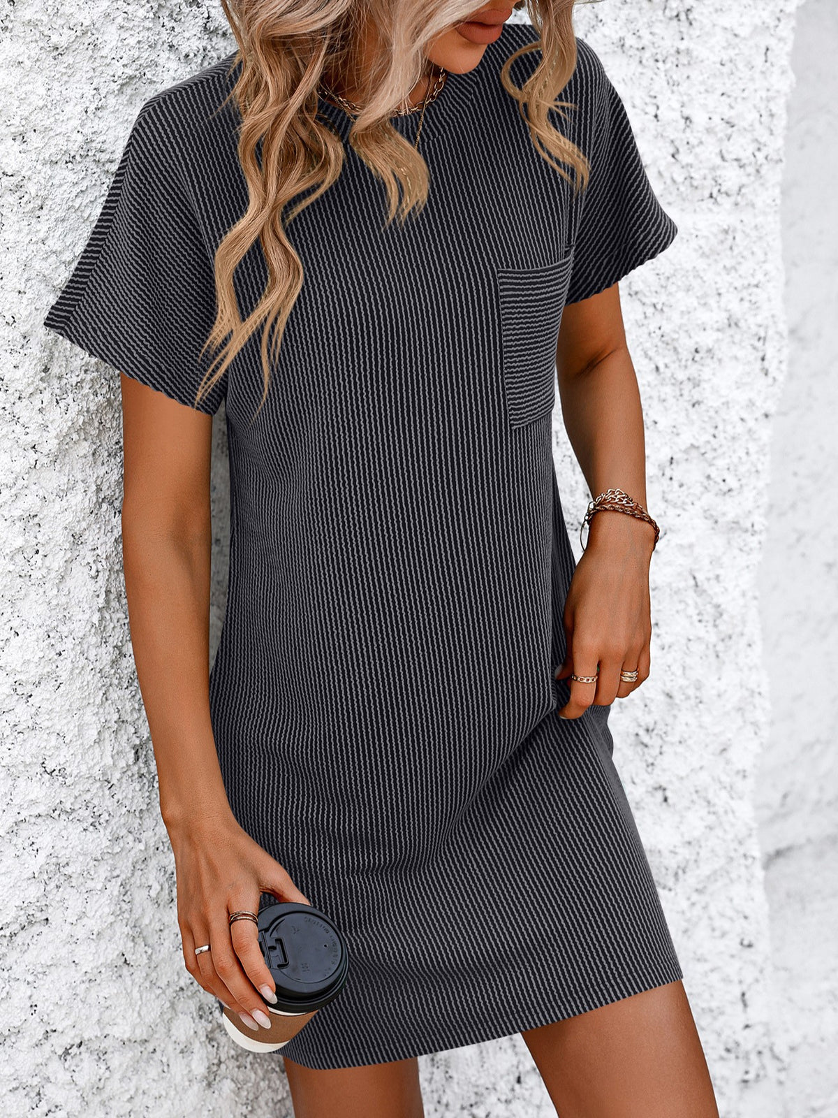 Chest Pocket Short Sleeve T Shirt Dress - DarkGrey