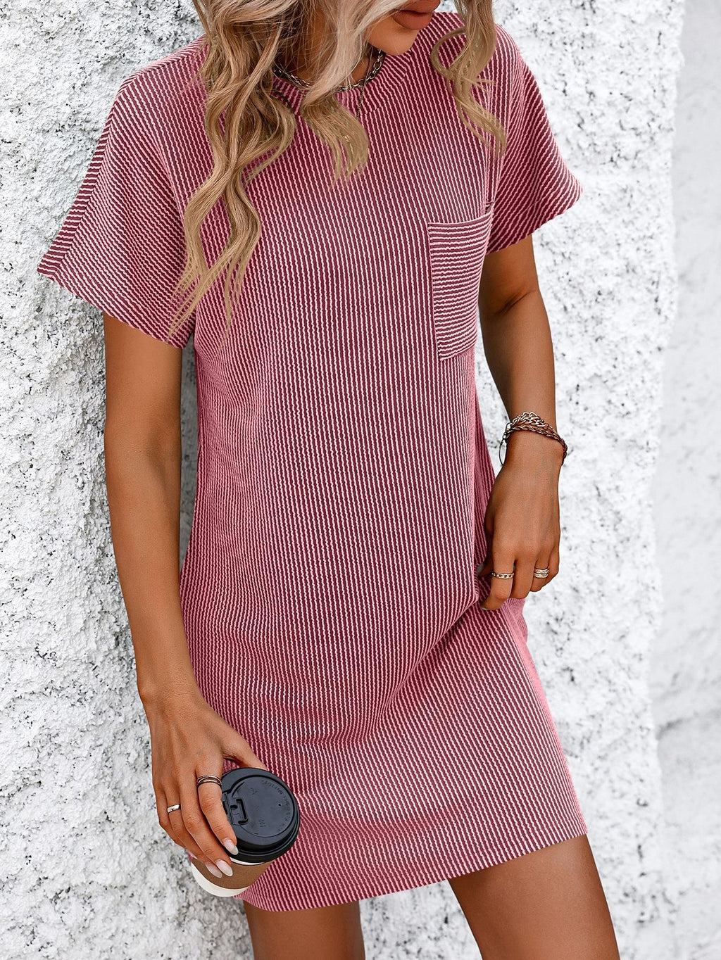 Chest Pocket Short Sleeve T Shirt Dress - Pink - 1