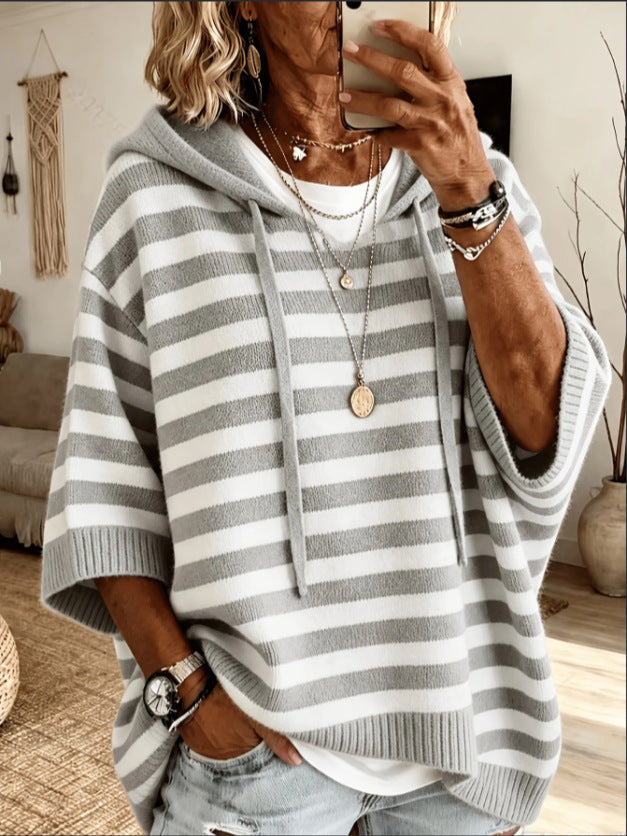 Striped Knit Drawstring Hooded Oversized Sweater - Grey