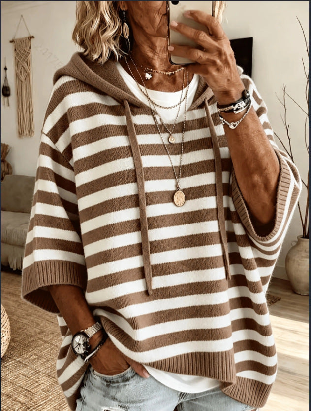 Striped Knit Drawstring Hooded Oversized Sweater - Khaki
