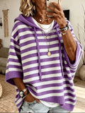 Striped Knit Drawstring Hooded Oversized Sweater - Purple
