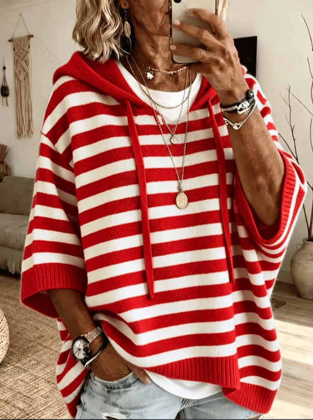 Striped Knit Drawstring Hooded Oversized Sweater - Red