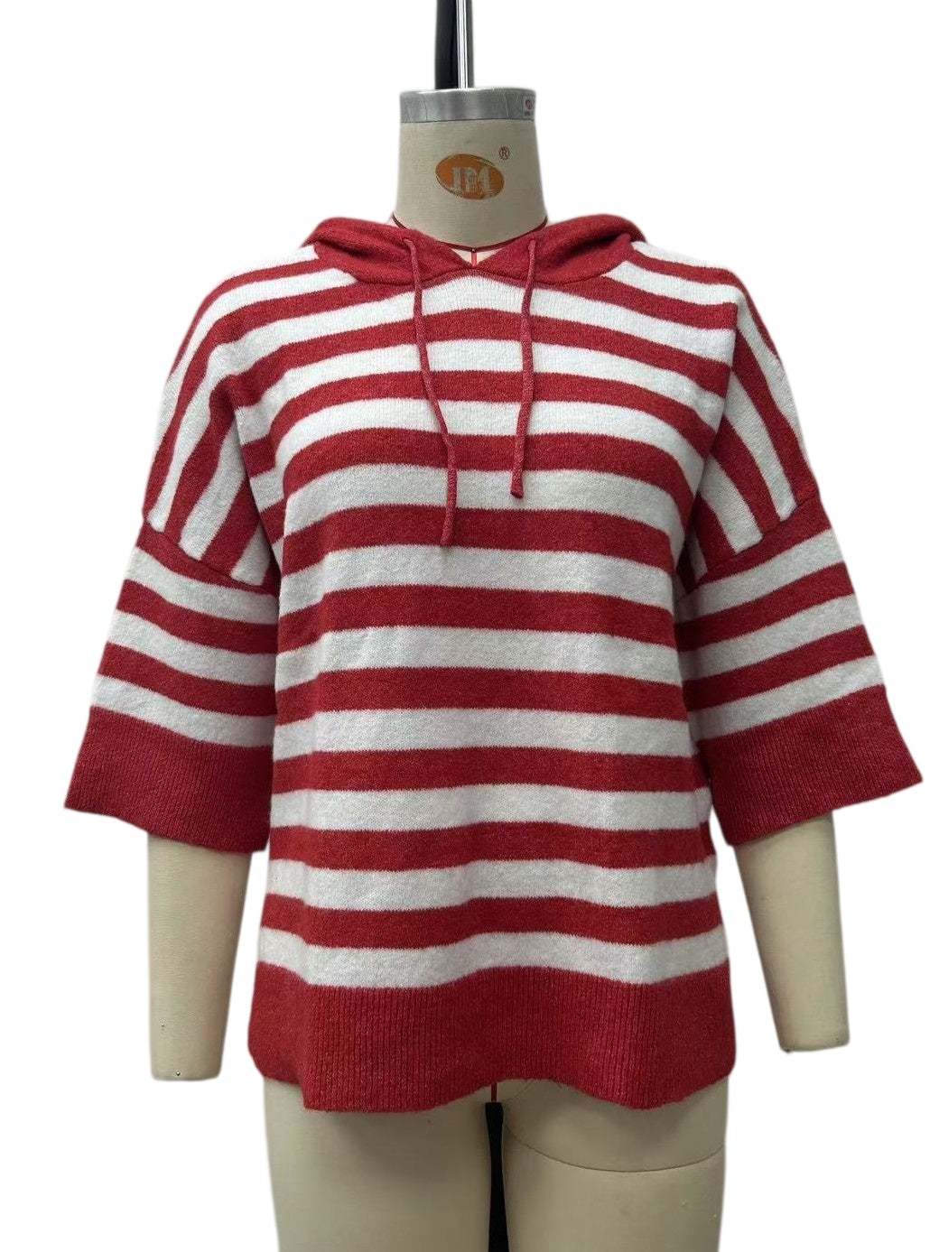 Striped Knit Drawstring Hooded Oversized Sweater - Red - 1