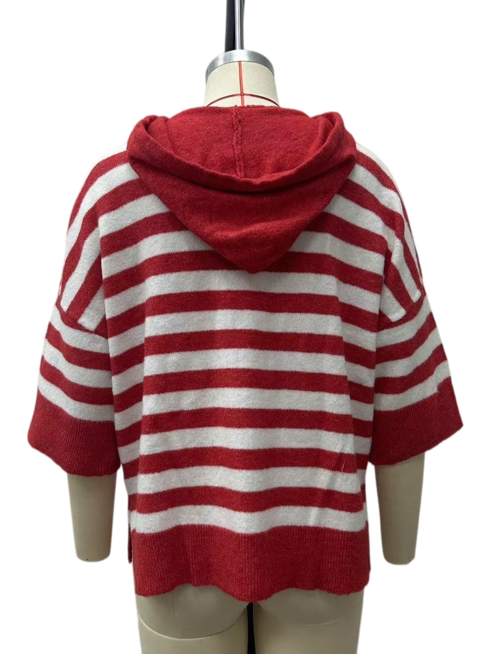 Striped Knit Drawstring Hooded Oversized Sweater - Red - 2