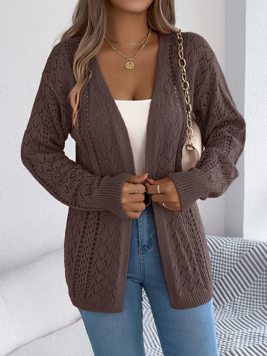 Textured Openwork Lantern Sleeve Duster Cardigan - Coffee