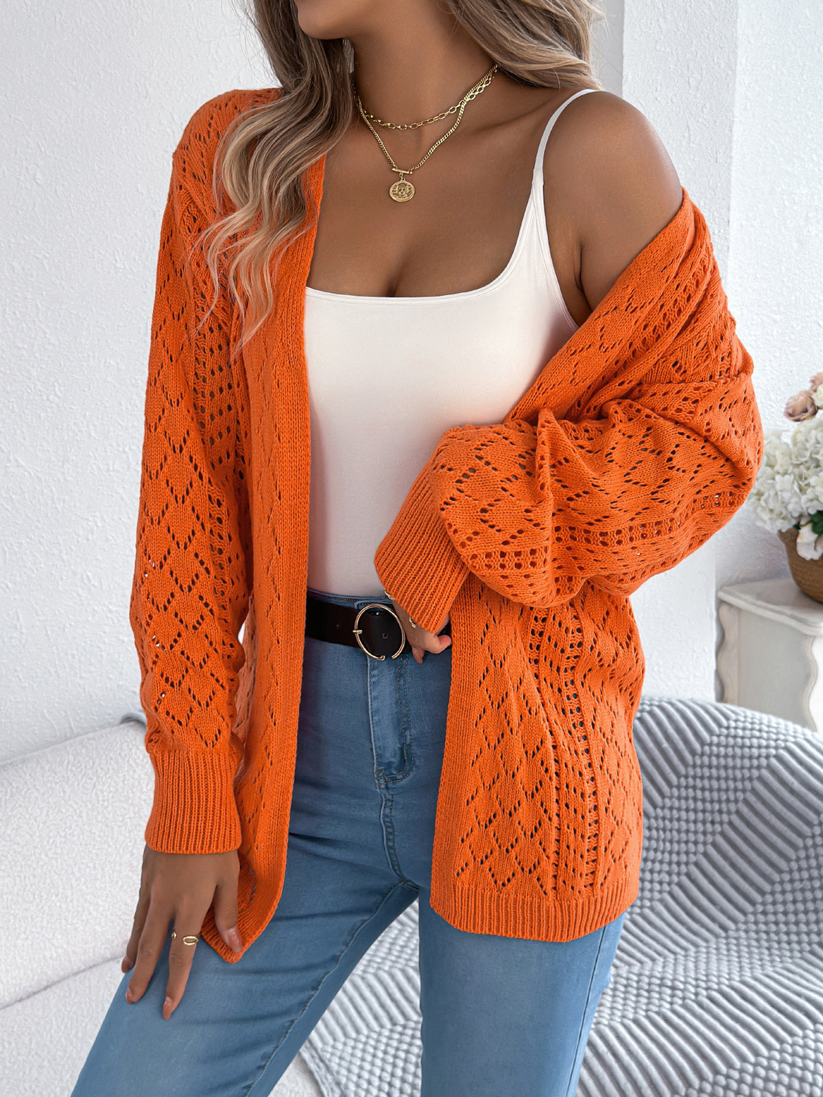 Textured Openwork Lantern Sleeve Duster Cardigan - Orange