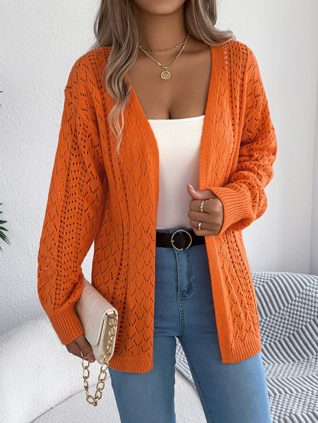 Textured Openwork Lantern Sleeve Duster Cardigan - Orange - 1