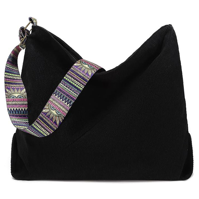 Corduroy Hobo Shoulder Bag With Woven Strap - Black