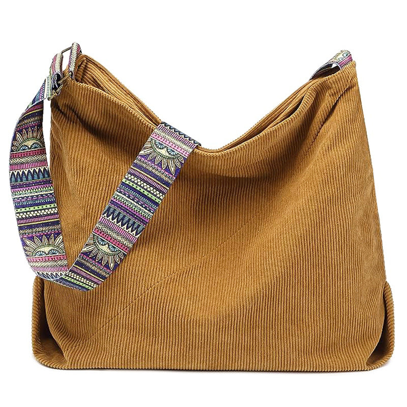 Corduroy Hobo Shoulder Bag With Woven Strap - Brown