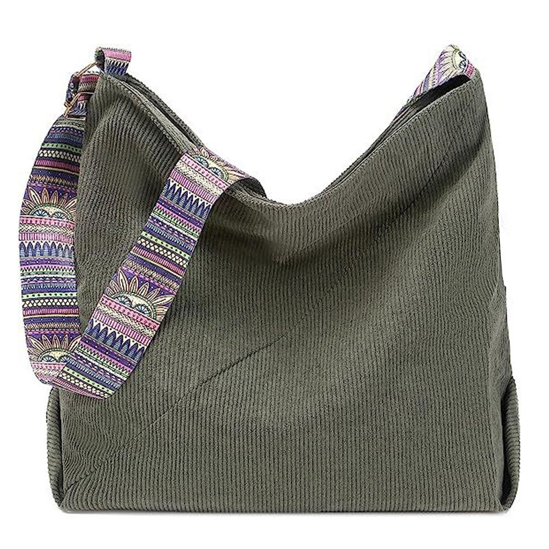 Corduroy Hobo Shoulder Bag With Woven Strap - Green