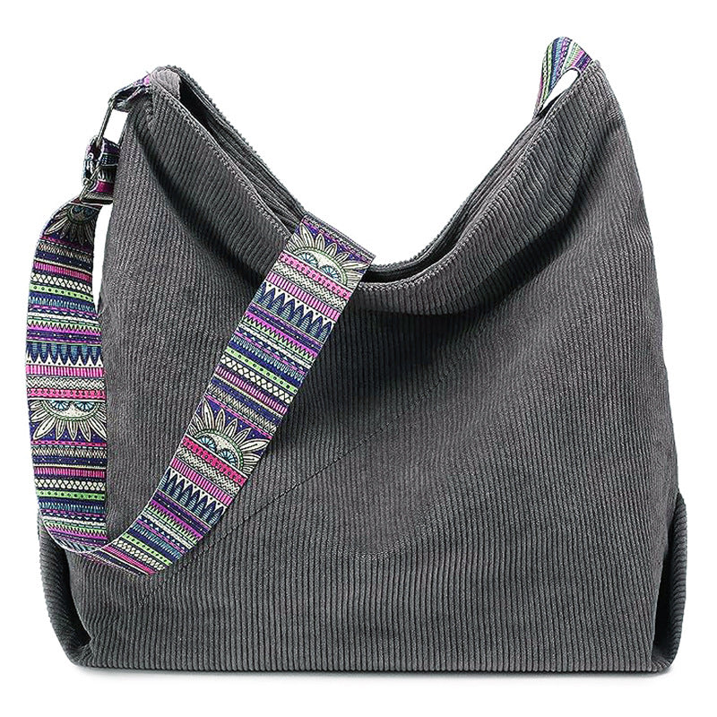 Corduroy Hobo Shoulder Bag With Woven Strap - Grey
