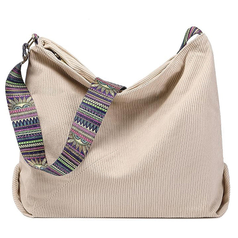 Corduroy Hobo Shoulder Bag With Woven Strap - Off_White