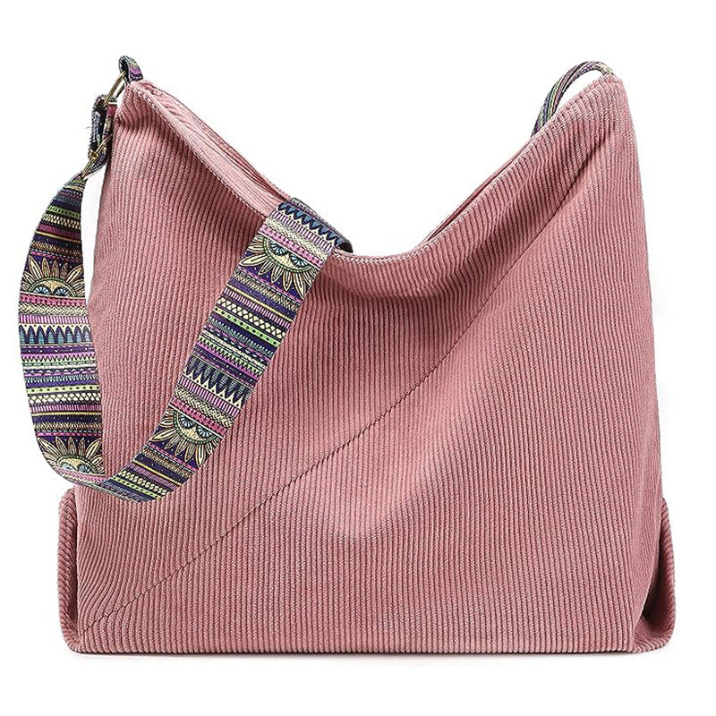 Corduroy Hobo Shoulder Bag With Woven Strap - Pink