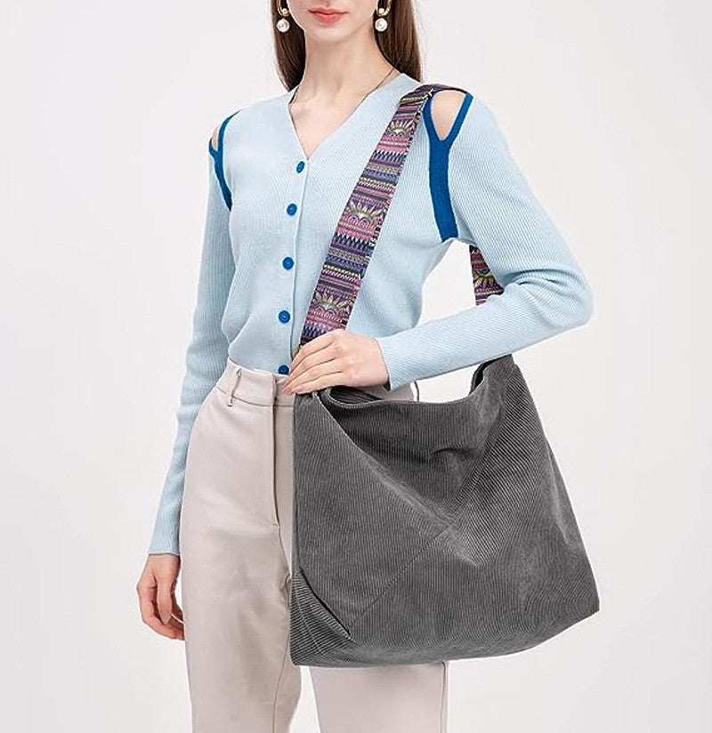 Corduroy Hobo Shoulder Bag With Woven Strap