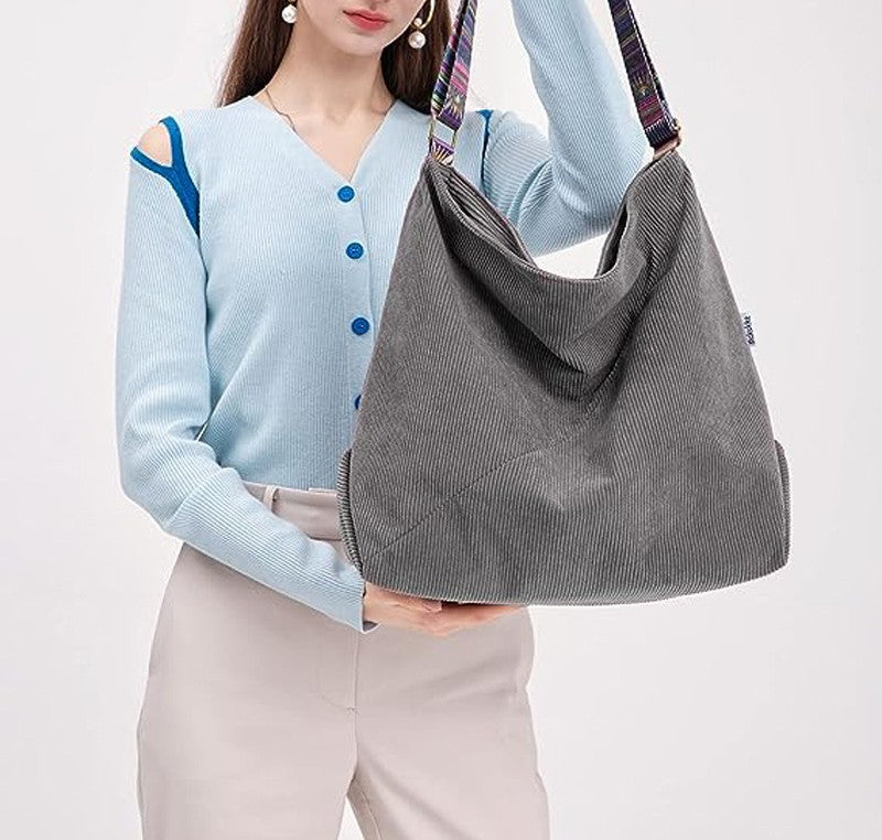 Corduroy Hobo Shoulder Bag With Woven Strap - view 1