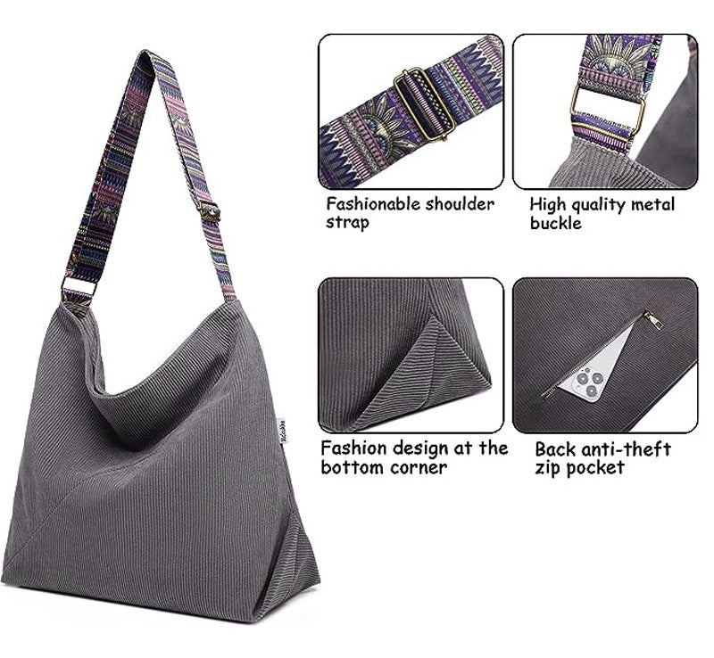 Corduroy Hobo Shoulder Bag With Woven Strap - view 3