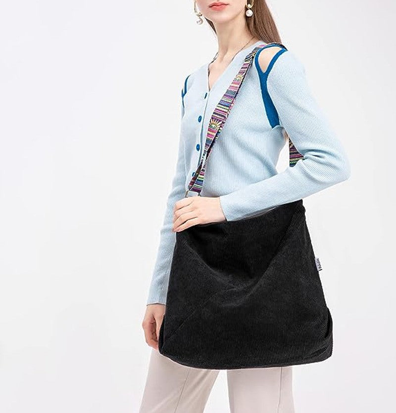 Corduroy Hobo Shoulder Bag With Woven Strap - view 5
