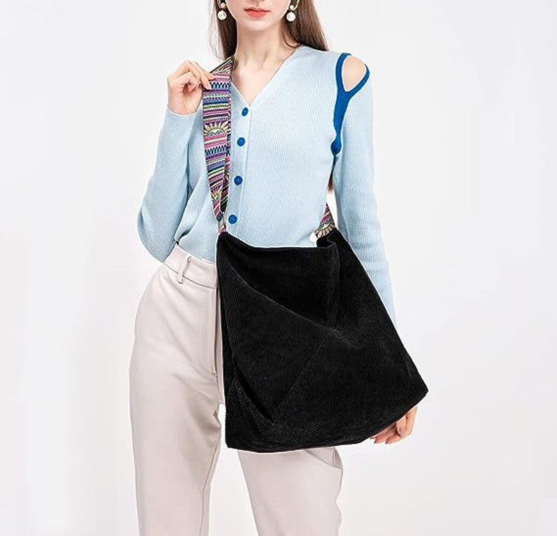 Corduroy Hobo Shoulder Bag With Woven Strap - view 6