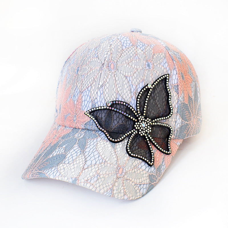 Lace Floral Rhinestone Butterfly Cap - Pink